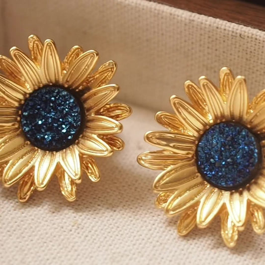 Sunflower ear clip earrings for non-pierced ears vintage gold-plated flowers