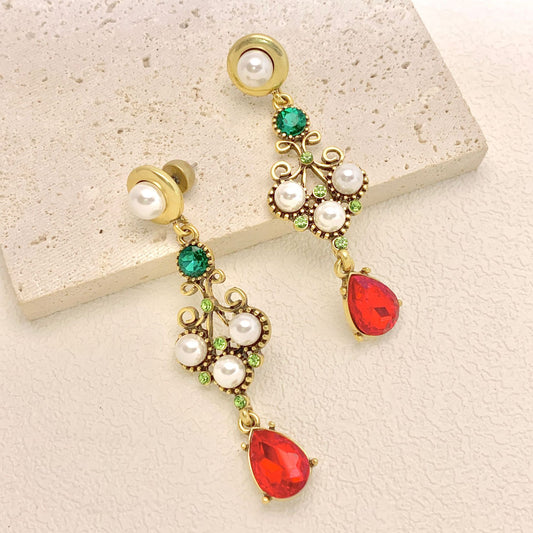 French light luxury retro palace style pearl water drop red diamond earrings